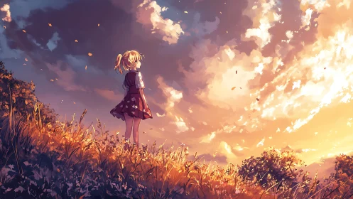 Girl standing on grassy hillside under illuminated sky.