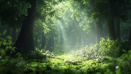 Sunlit Forest Path Through Tall Trees