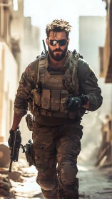 Tactical soldier advancing through sunlit urban warzone.