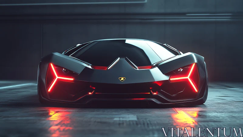 Low frontal view of black concept supercar in dim garage.