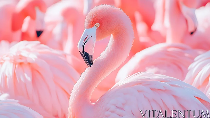 High-key telephoto portrait of Caribbean flamingo plumage