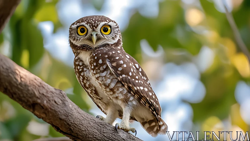 Spotted owl perched on tree branch in vibrant natural setting.