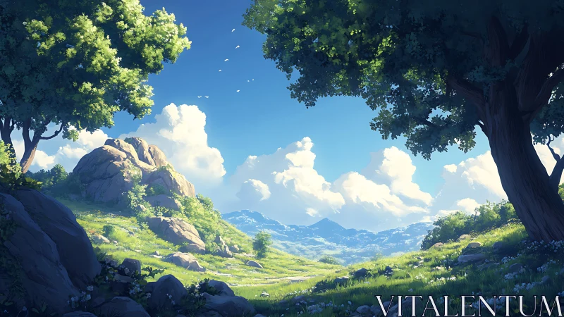 Sunlit valley opens gently toward quiet distant mountains