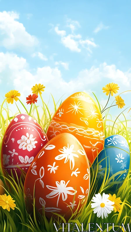 Colorful floral Easter eggs in tall spring grass outdoors.
