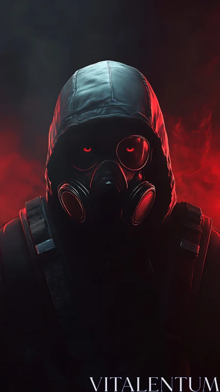 Hooded figure in gas mask stands in red backlit smoke
