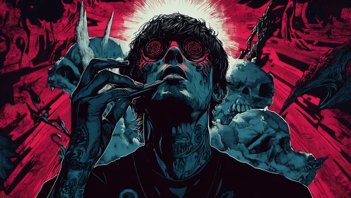 Hypnotic rebel amid skulls and crimson shockwaves of light.