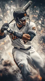 Baseball batter in white uniform swinging amid debris field.