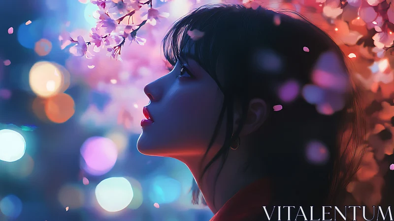 Neon dusk profile beneath softly glowing cherry blossoms.