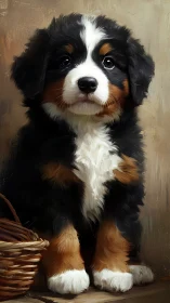 Textured oil-study portrait of tri-color Bernese puppy subject.