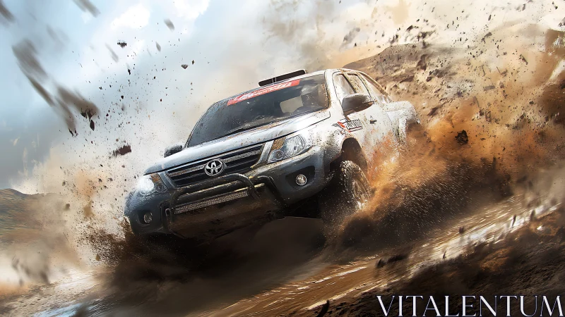 Off-road truck charging through dramatic flying mud spray.