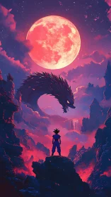 Silhouetted warrior facing dragon beneath large red moon.