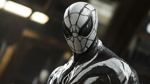 Black and white armored spider hero suit under soft light.
