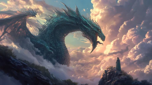 Dragon confronts lone robed figure above cloud-covered cliffs