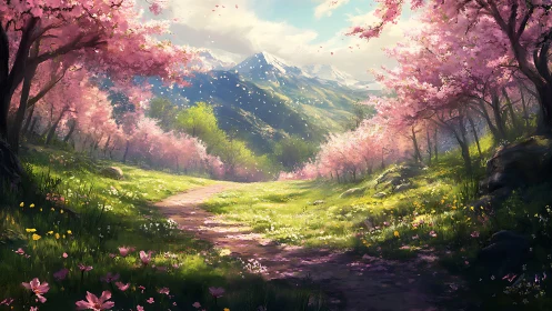 Spring blossom valley path unfolds beneath mountain light.