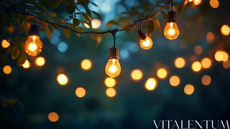 Glowing string lights suspended in a softly blurred twilight garden.