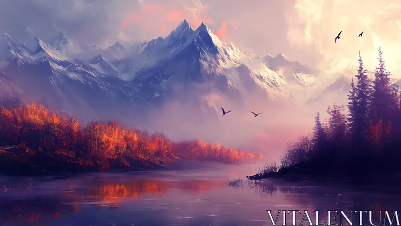 Snowy mountains glow above a tranquil autumn lake at dawn