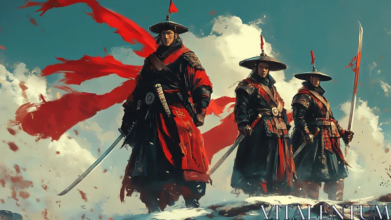 Storm-wrapped warrior trio cuts a crimson path through clouds