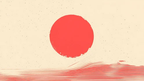 Minimalist crimson sun over abstract linear waves composition.