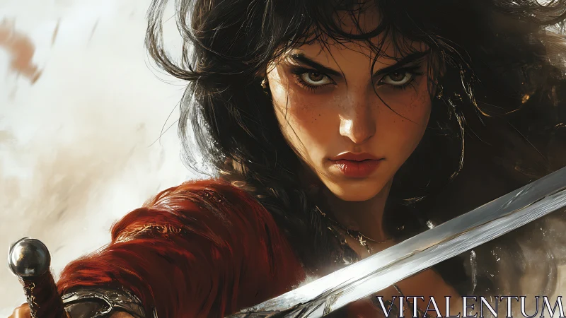 Fierce female warrior with sword in intense close-up stare.