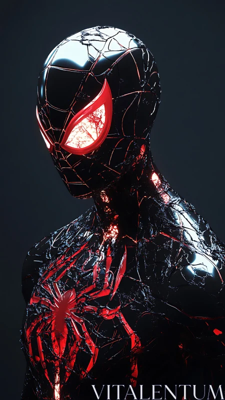Dark neon spider hero stands in shattered glossy armor.