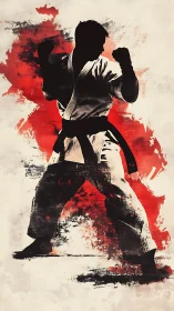 Karate black belt silhouette over bold red ink splashes.
