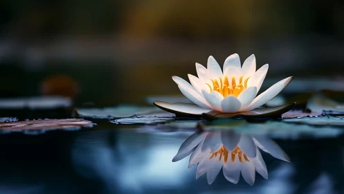 White water lily with clear reflection on calm pond surface.