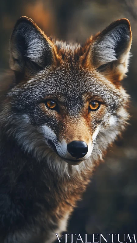 Photorealistic coyote portrait with shallow depth of field.