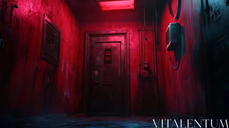 Red-lit mystery hallway with a quietly unsettling steel door.