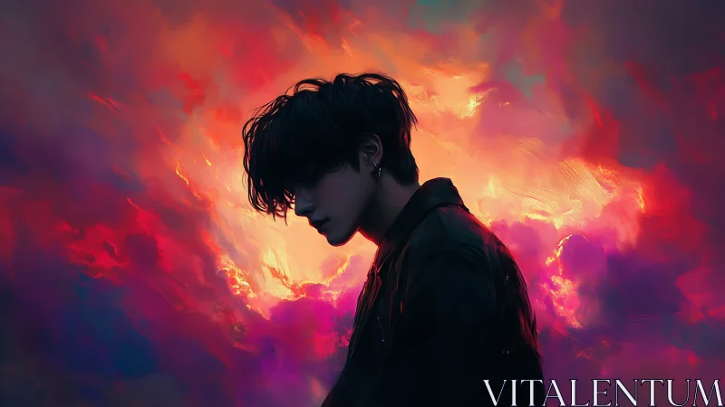 Silhouetted youth against neon dusk clouds in digital chiaroscuro.