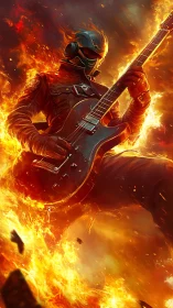 Helmeted rock guitarist engulfed in dynamic inferno flames.