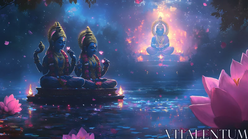 Moonlit lotus lake cradling meditating blue deities in glow.