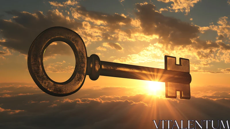 Golden antique key silhouette suspended in glowing sunset sky.