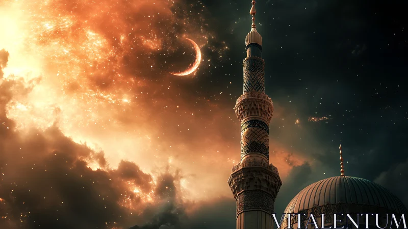 Minaret and crescent moon against luminous night sky.