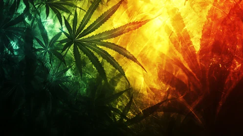 Radiant cannabis leaves glow softly in sunset colors