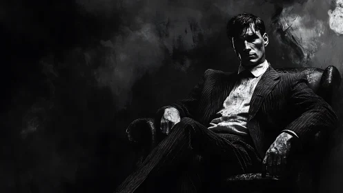 Shadowed kingpin reclines in storm of noir painted smoke.