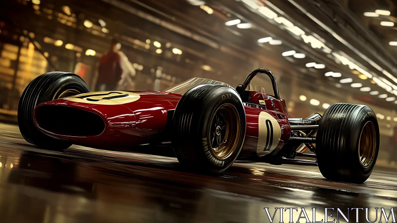 Vintage Formula race car waits under dramatic pit lights