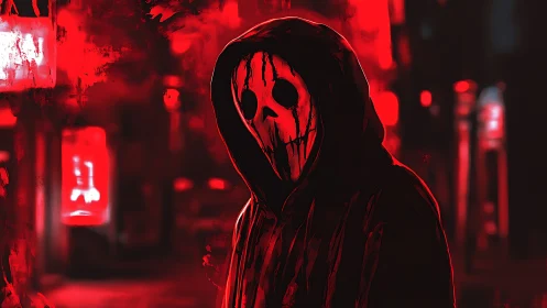 Bloodred hooded wraith stalks neon alleys of the sleepless city.