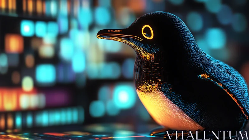 Neon cyberpunk penguin sculpture against bokeh city lights.