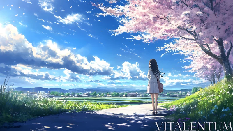 Solitary figure on rural path under blooming pink trees.