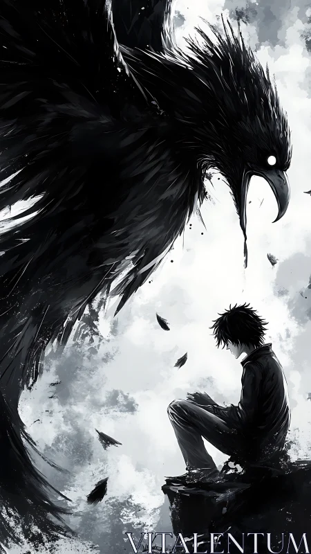 Brooding boy and monstrous crow in monochrome stormscape.