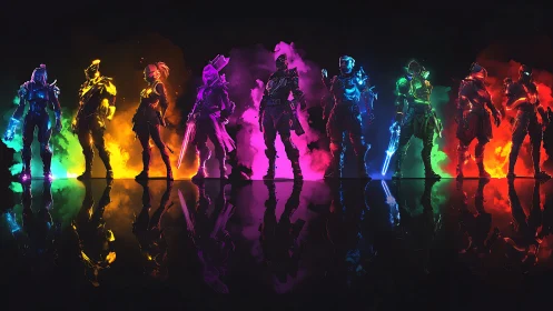 Neon sci fi warriors aligned in multicolored smoke glow.