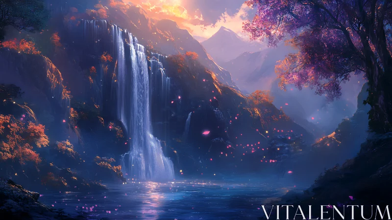 Twilight waterfall hums softly while enchanted petals drift