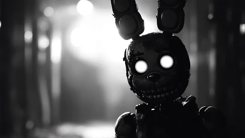 Glowing eyed robot bunny stands in a shadowy hallway scene