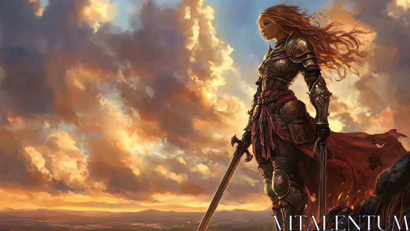 Armored warrior woman at sunset ridge with dual swords poised