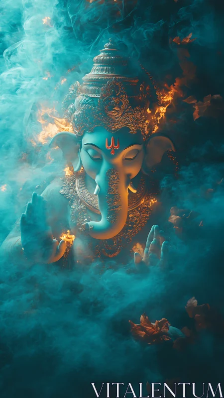 Gilded elephant deity rising through teal smoke and flame.