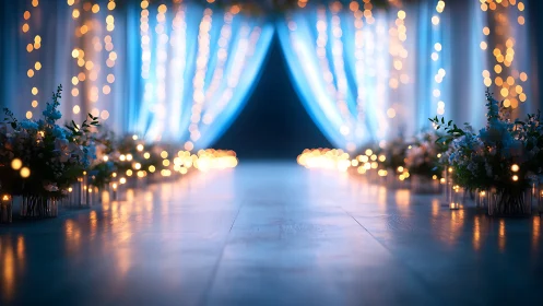 Softly glowing aisle with dreamy lights and gentle florals.