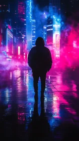 Neon soaked night welcomes a lone figure into glowing streets
