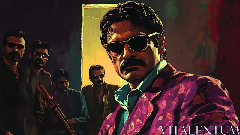 Gang leader in neon backlight wearing patterned magenta suit and shades