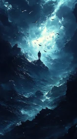 Solitary silhouette confronts turbulent celestial seascape