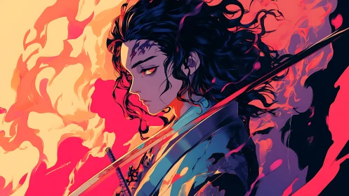 Side profile samurai portrait with sword and fire motifs.